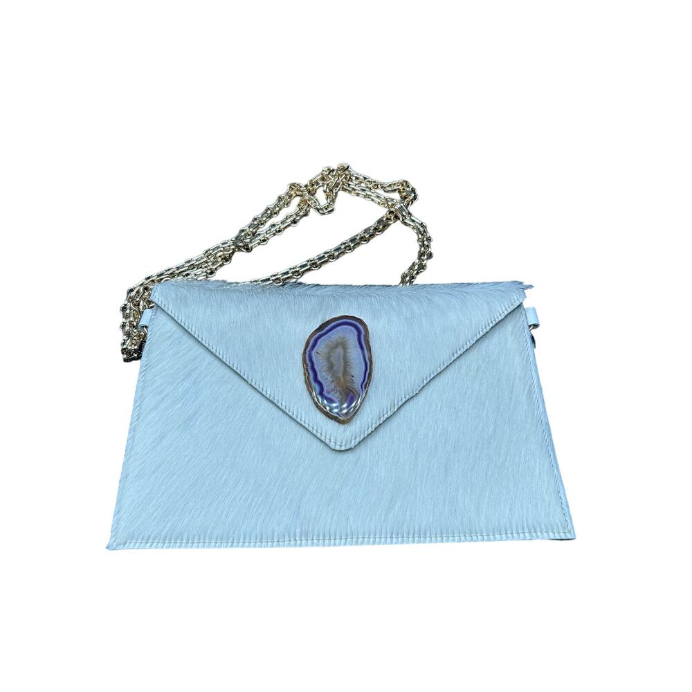 Unique White Clutch w/Stone and Gold-Tone Chain Boho Glam